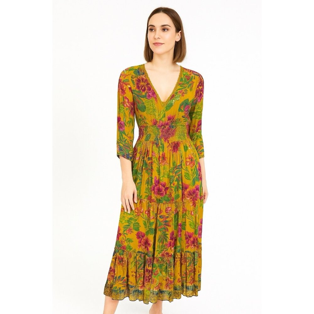 Anthropologie Me 2 Magic Floral Boho Tropical Maxi Dress Tiered  Size S # 1521